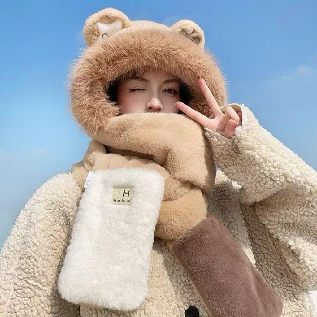 Three-piece hat set for women, autumn and winter, with fleece lining, thickened, integrated scarf and gloves, plush, warm, Korean style, ear