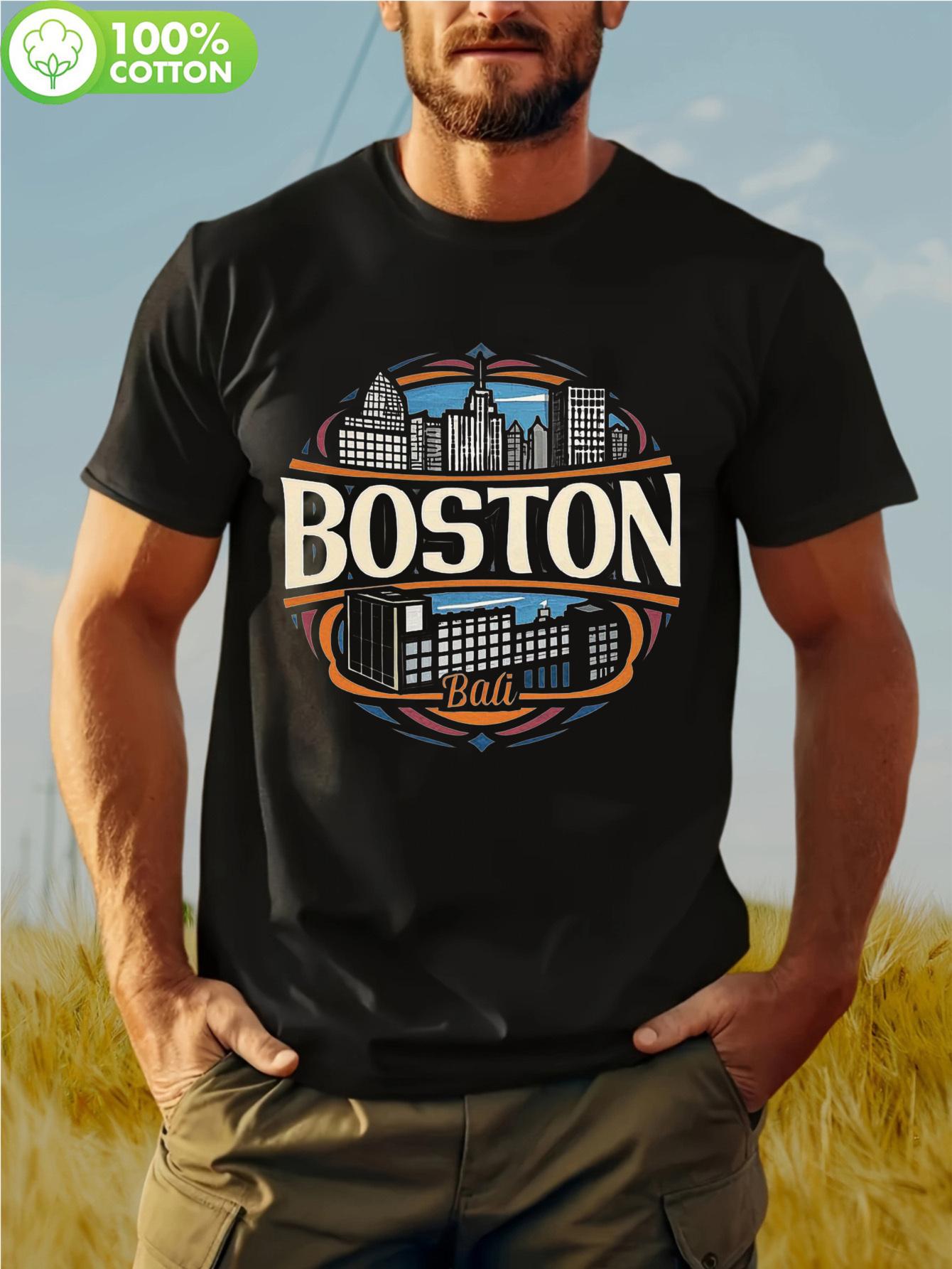 Boston Skyline Graphic T-shirt - Retro Urban Casual Short Sleeve Tee L