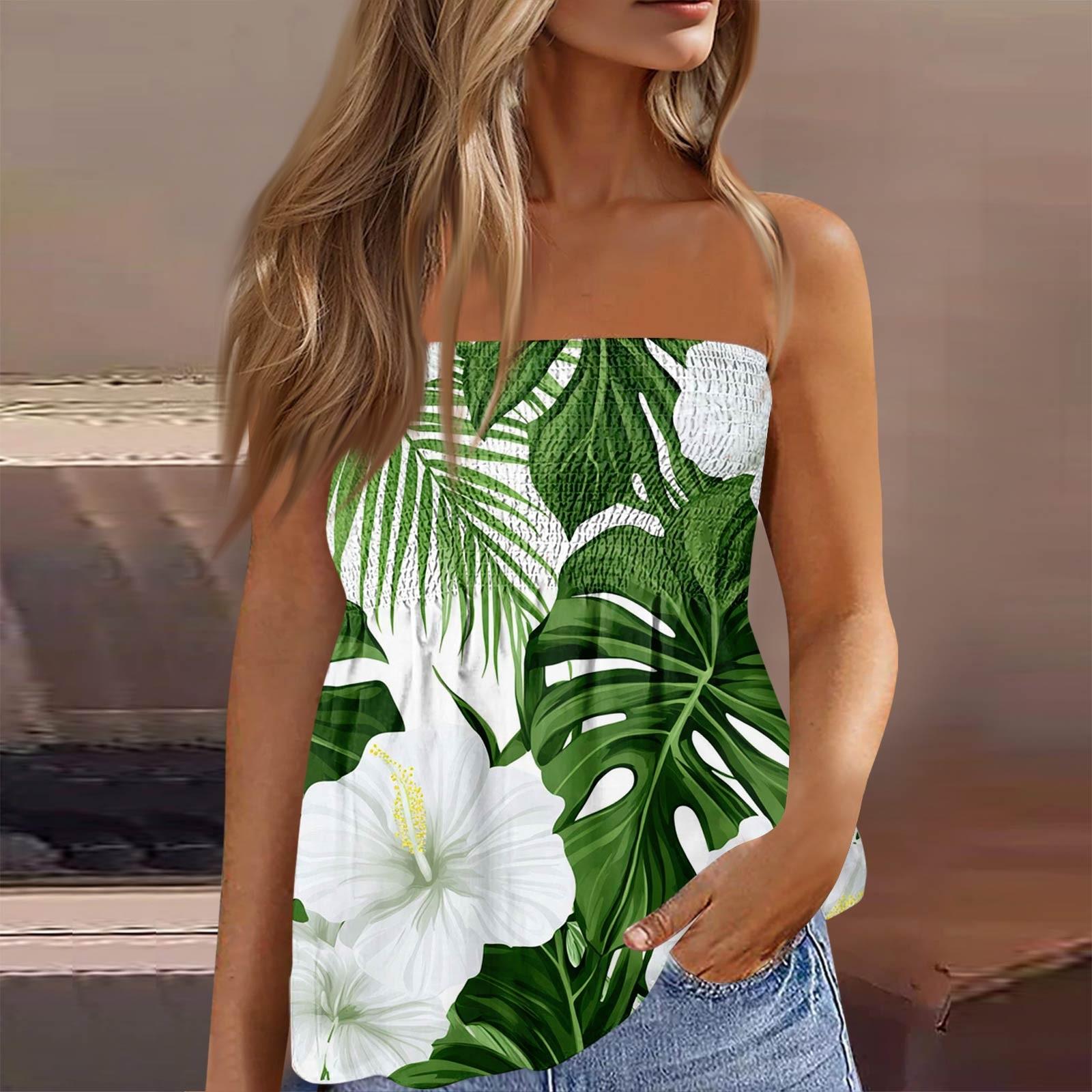 

Летние топы-трубы для женщин, милая сексуальная футболка без рукавов с открытыми плечами и цветочным принтом XL зелёный