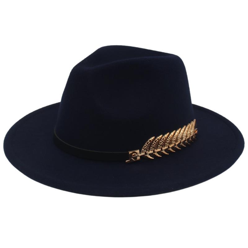 Top Hat Men'S Golden Fishbone Women'S Woolen Jazz Hat Big Brim Felt Hat Retro Hat