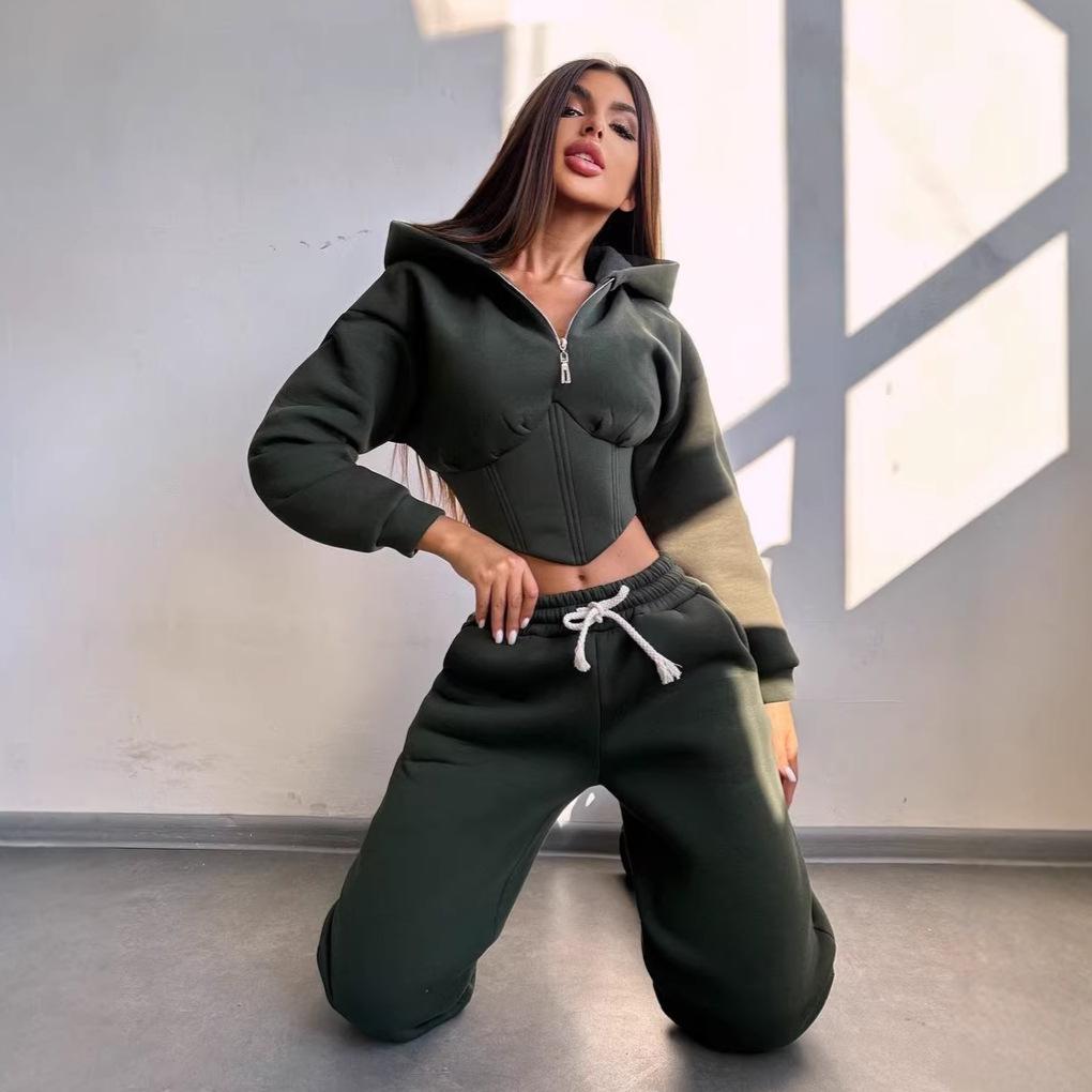 European and American fashion casual women's solid color long-sleeved waist cardigan hooded sweater strappy pants two-piece set