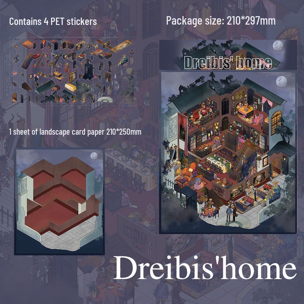 4 Sheets Large PET Scenery Stickers: Dark Style Miniature World DIY Decompression Stickers.