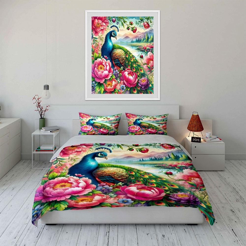 Peacock and Floral Landscape Bedding Duvet Cover Set  (1*Duvet Cover 2*Pillowcases, without duvet insert)