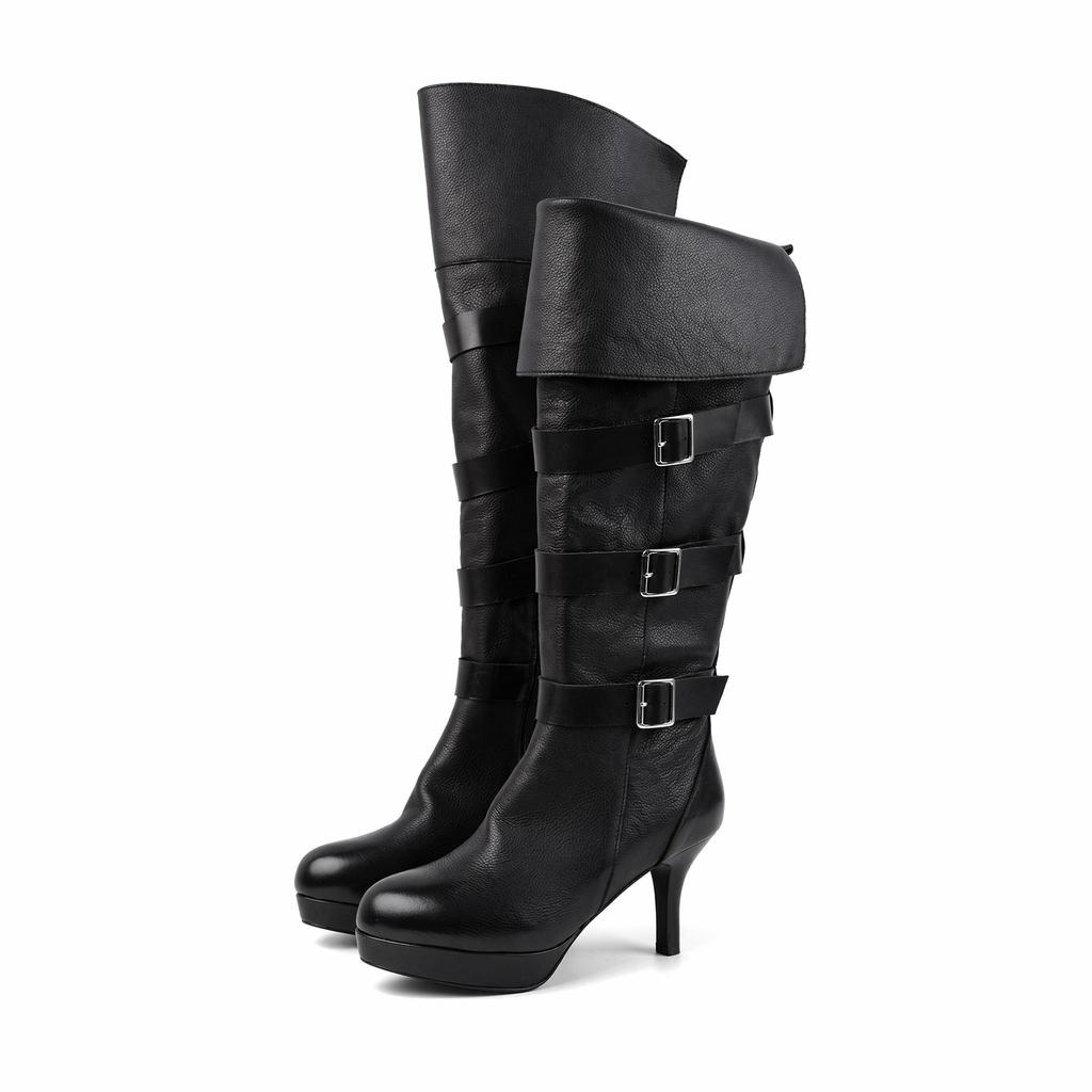 Personality Trendy Cool Belt Buckle Middle Heel Knight Boots Women'S Autumn And Winter Square Head Versatile Thin Heel But Knee Boots