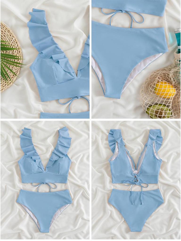 Multicolor Ruffle V-Neck High Waist Bikini - Women's European & American Beach Swimwear