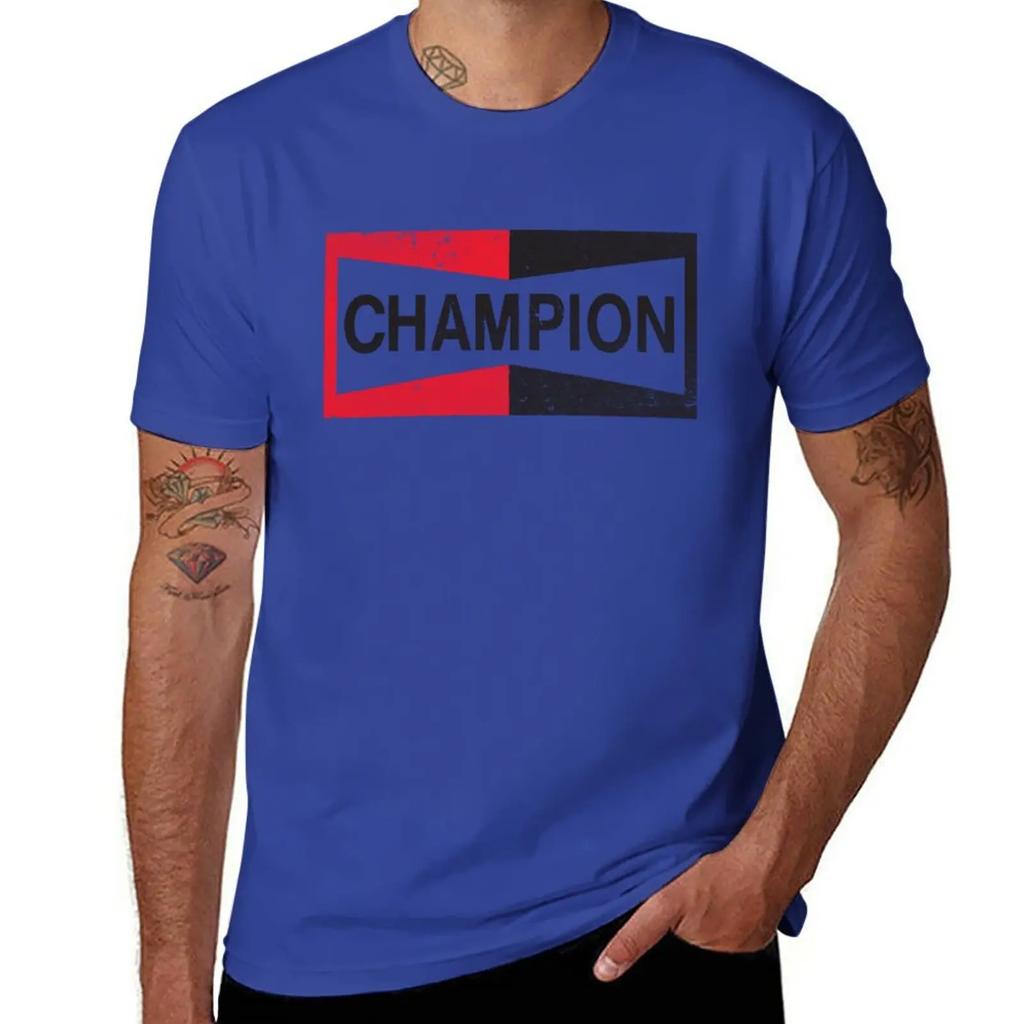 Summer Tops Tee Shirt Short Sleeve Fitted T Shirts for Men New CHAMPION - Spark Plug Retro Distressed Emblem - Cl T-Shirt Cotton