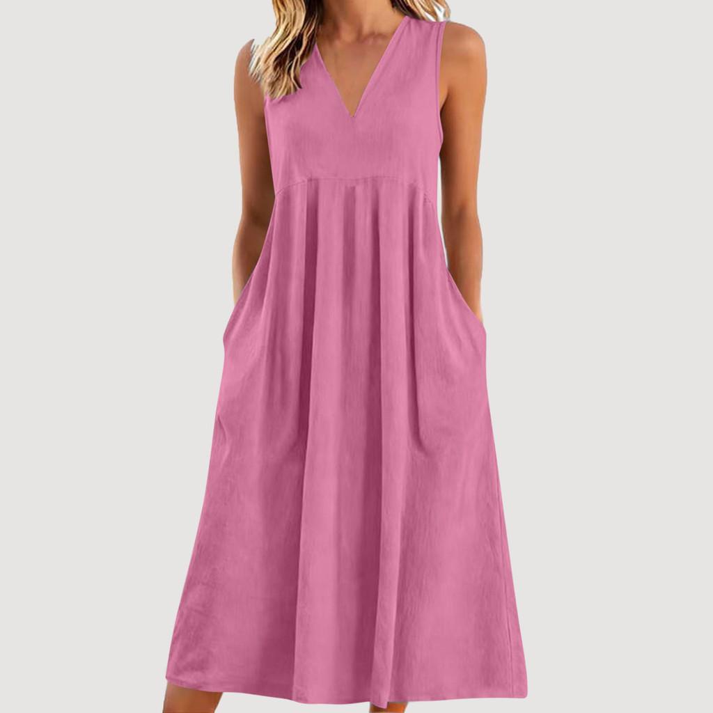 Cotton Sleeveless Vneck Dress With Color Block Pleats For Casual Wear