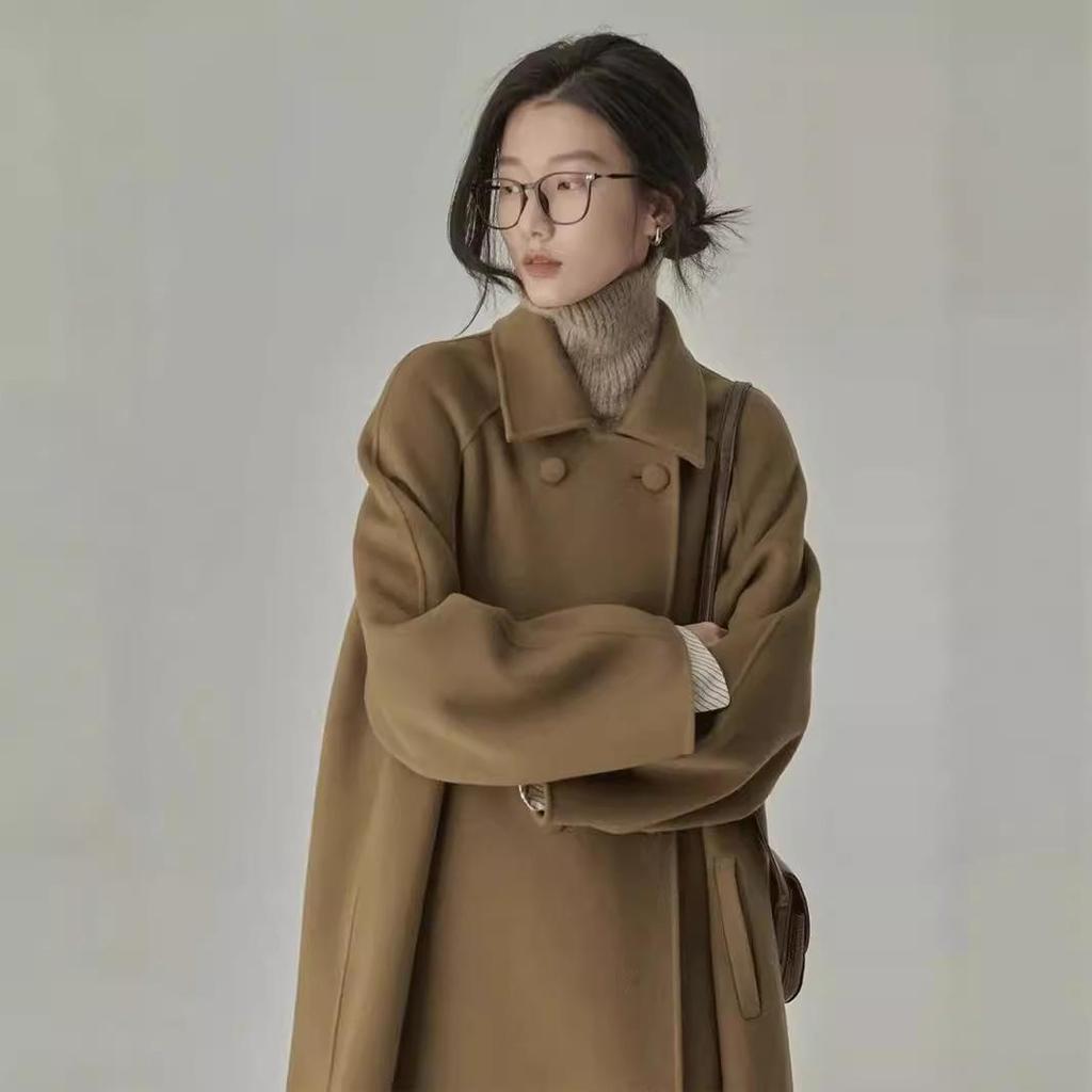 2024 Damen Mittellanger Wollmantel: Hepburn-Stil, verdicktes japanisches Design für Herbst & Winter
