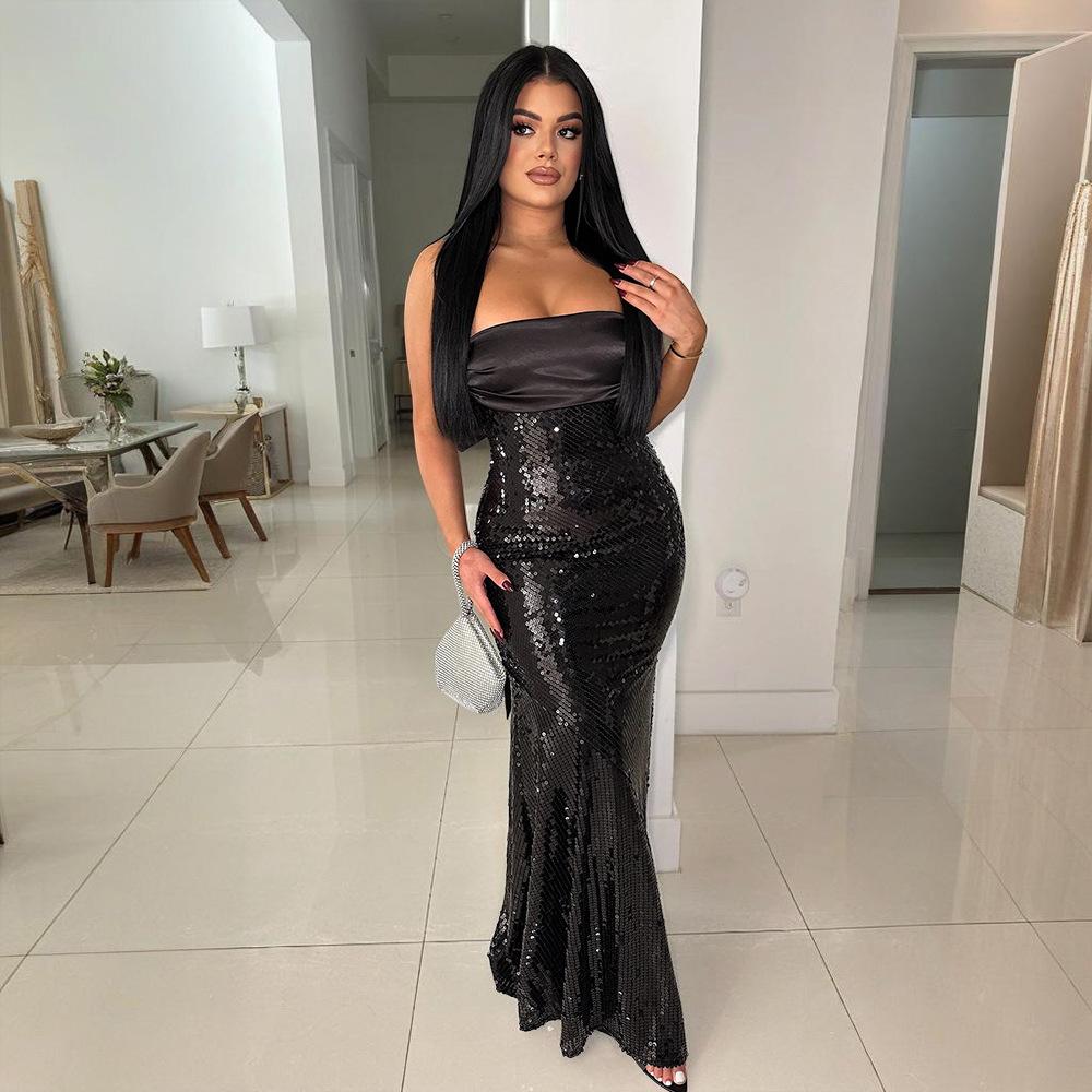 

Женское сексуальное платье без бретелек с пайетками в стиле пэчворк «рыбий хвост» XXL чёрный