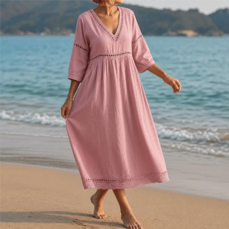 QICED Fashion Summer Spring Solid Color Print  3/4 Sleeves V-Neck Casual Dresses