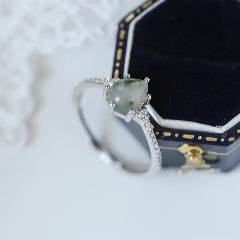 Luxury  Natural Stone Texture Different Green Moss Grass Agate Vouple Ring For Women Sterling Silver Engagement Gift Jewelry
