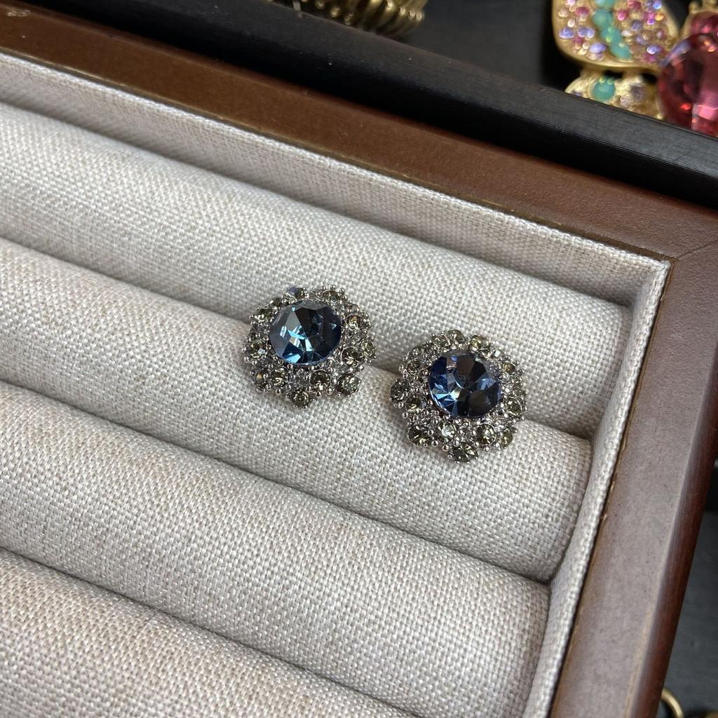 French Light Luxury Diamond-Set Green Flower Necklace Bracelet Stud Earrings Jewelry Retro Fashion Sapphire Collarbone Chain Earrings
