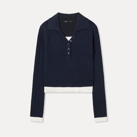 Layered Collar Neck Cable Knit Pullover RE KAF418T_MI S серый