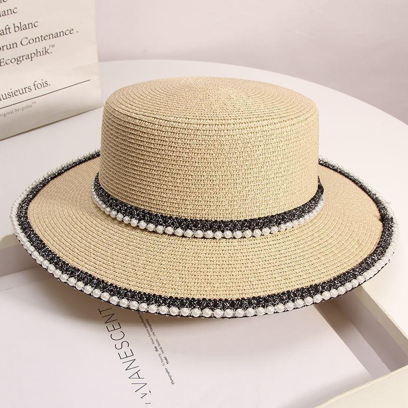 Hat Women's Summer Beach Seaside Travel Straw Hat Pearl Sunscreen Hat Premium Sense UV Protection Sun Hat