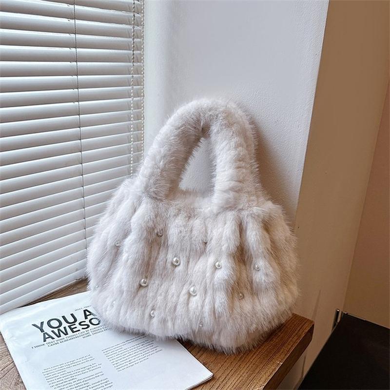 Retro Plush Striped Handbag Texture Pearl Faux Fur Bucket Shoulder Bag Fashion Versatile Large Capacity Tote Bag for Women