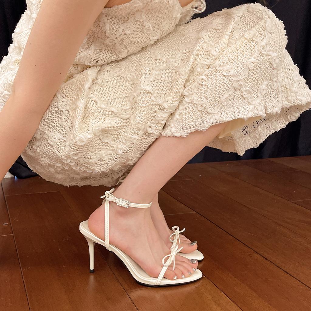 Summer new temperament versatile bow high heel open toe one-word strap casual stiletto sandals
