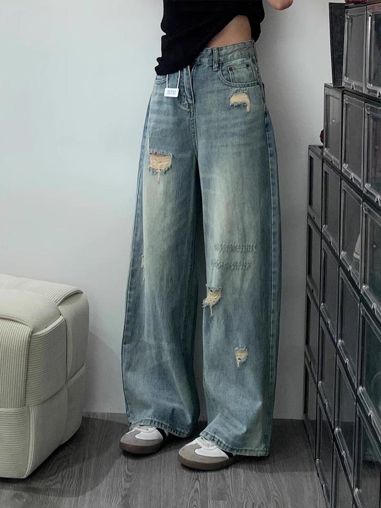 Women's American Retro High-Waist Ripped Wide-Leg Jeans – Summer Floor-Length Design
