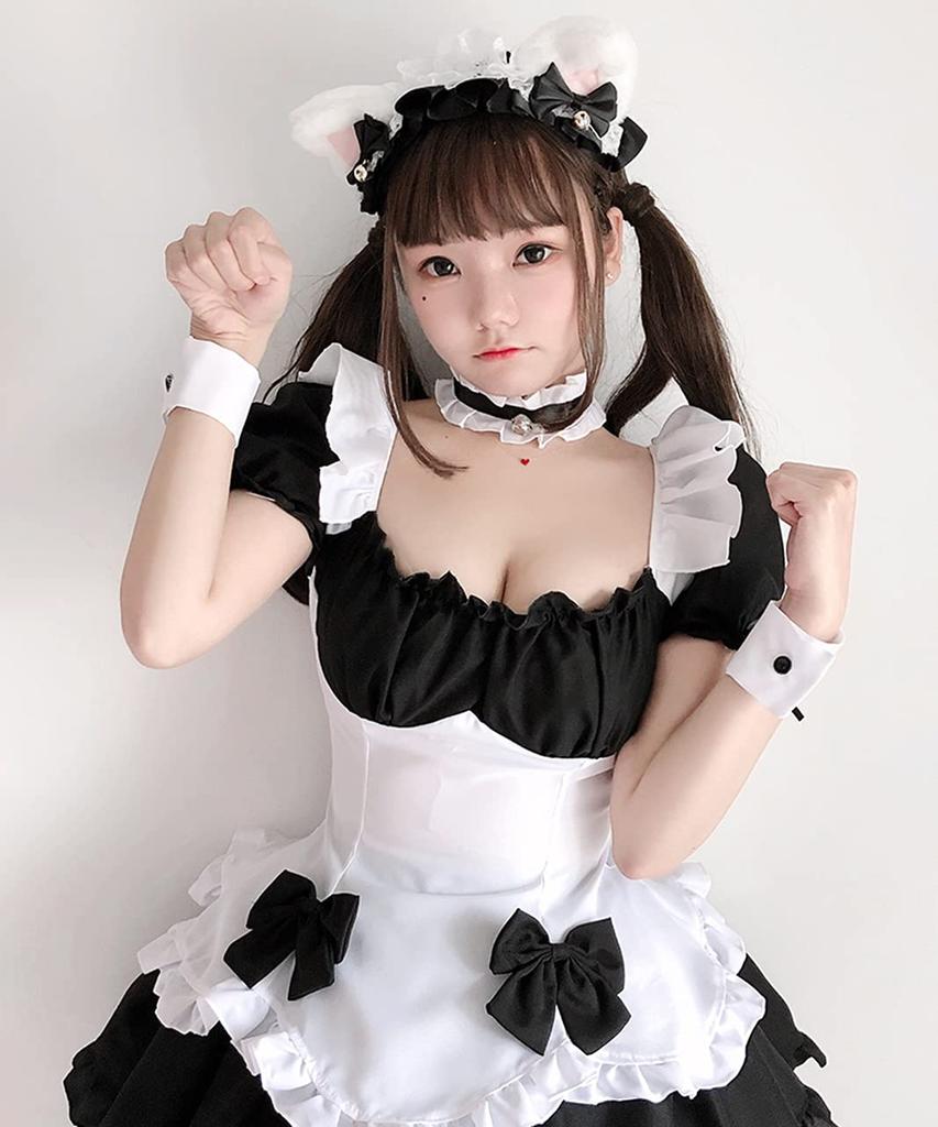 [Milky Time] Maid Costume Cosplay Dress, Puff Sleeves, Mini Length, Light Blue, Black and White (Includes Black and White Ribbon)