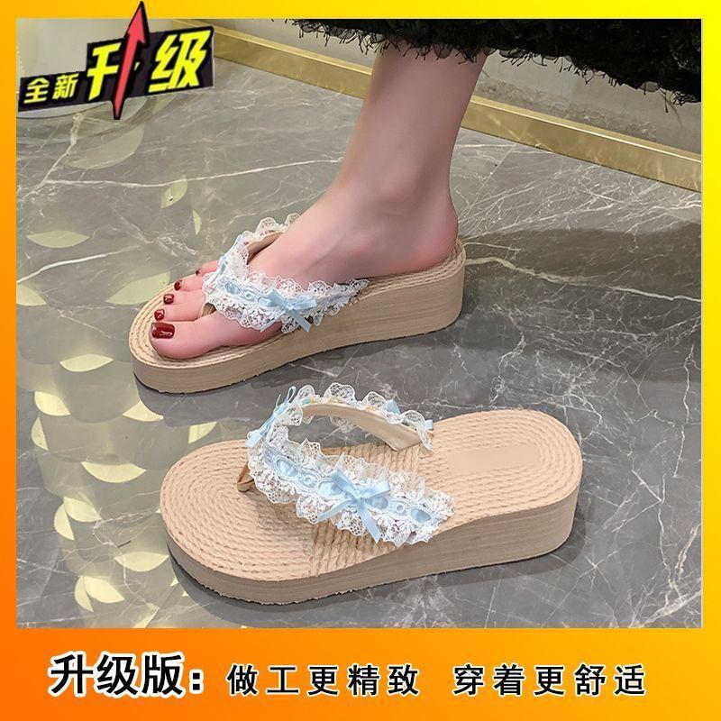 2025 summer wear versatile casual slippers women's platform bow lace edge flip-flops holiday beach shoes women