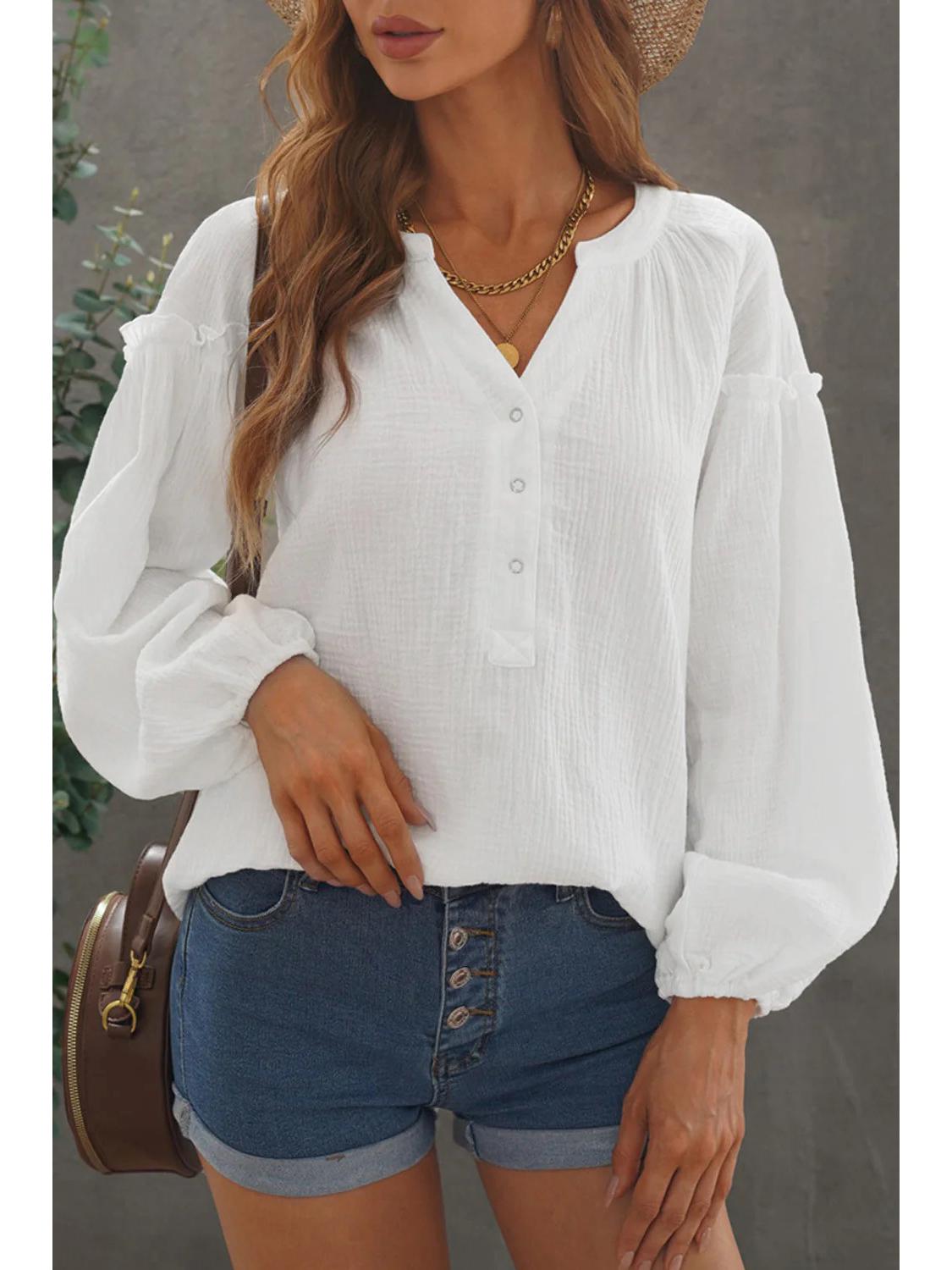 2026 Women s V-Neck Button-Down Lantern Sleeve Shirt - Spring/Autumn Fashion XXL белый