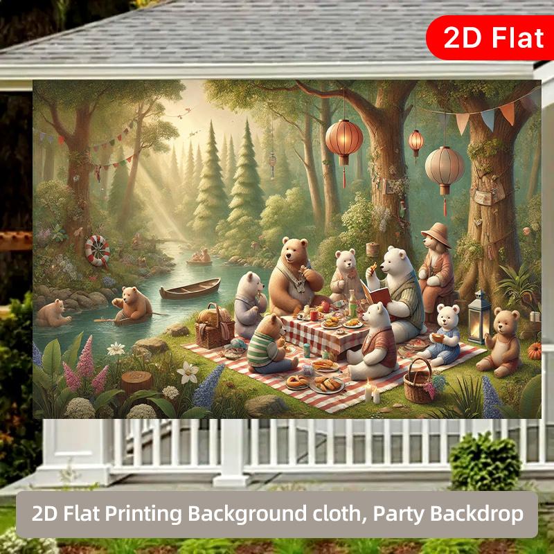 2D Plane Bear Family Forest Picnic Indoor and Outdoor Party Banner Suitable for Birthday Wedding Ball Party Polyester