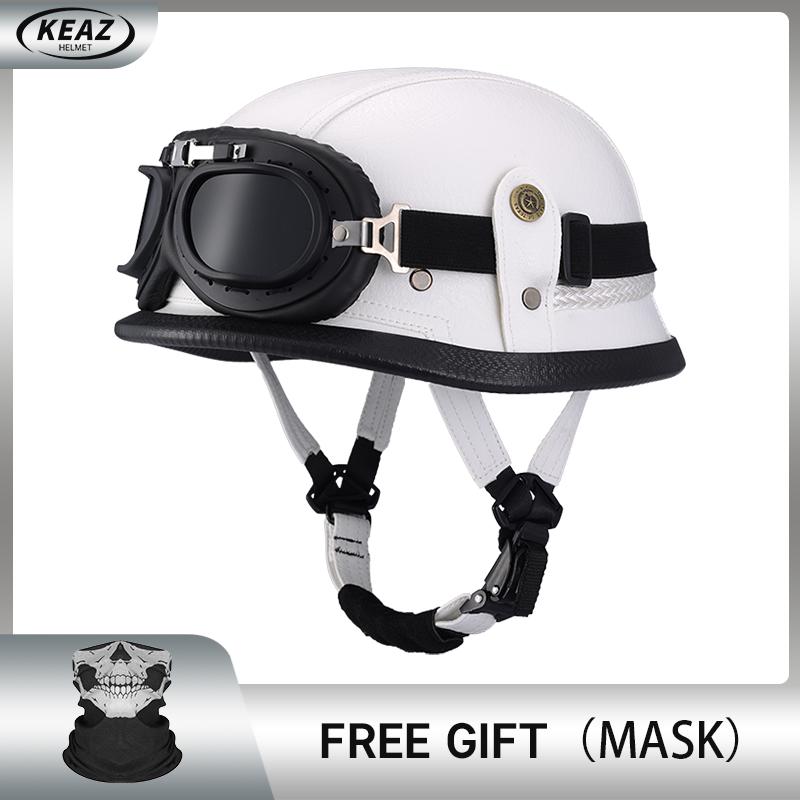 

Заводская цена Мотоциклетный кожаный шлем-полулицо в немецком стиле Одобрено DOT Шлемы-кепки 1/2 скорлупы + Очки Шлем открытого типа XL