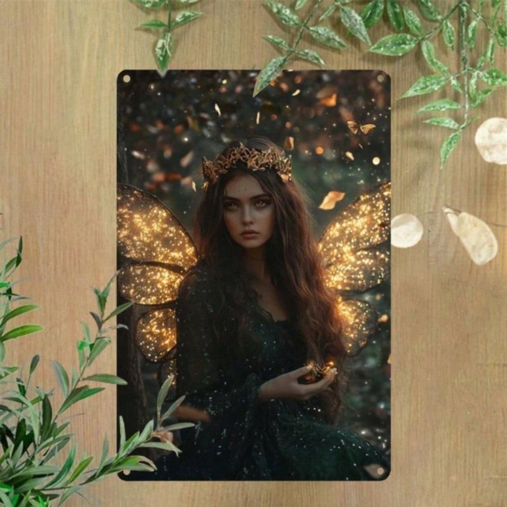 Metallposter Wandkunst Fee Goldene Krone Smaragd Wald Magie Heimdekor