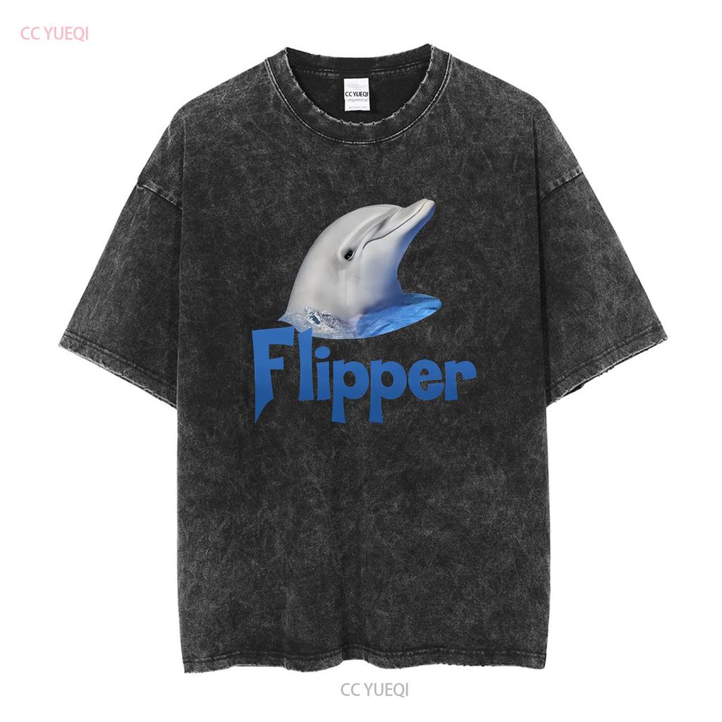 Flipper Head 90s Dolphin Kids Tv Show T Shirt Vintage Washed Stylish Casual Unisex Top For Everyday Wear Streetwear Slightly
