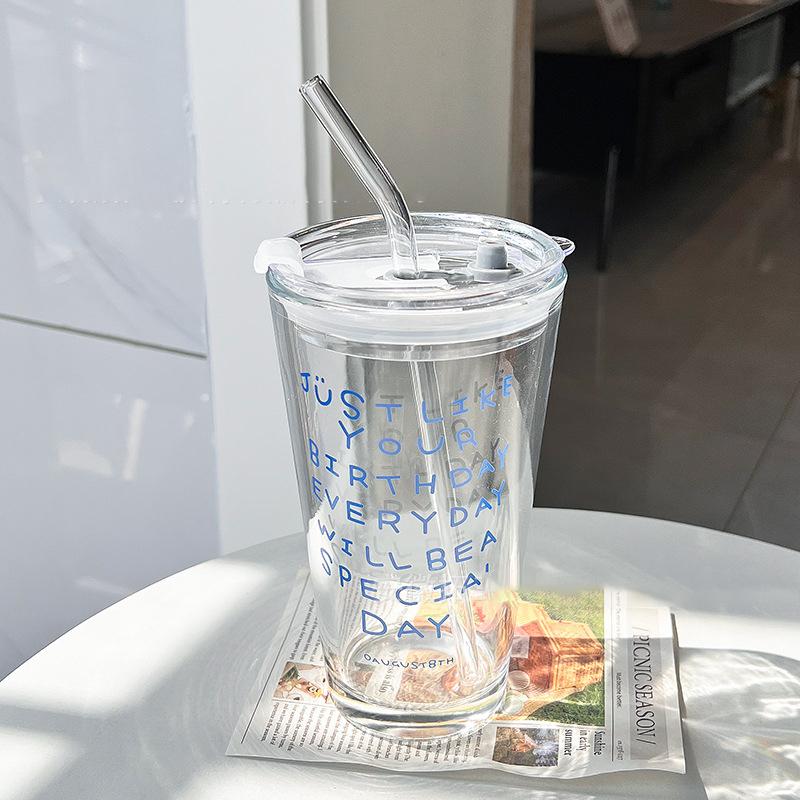 1Pcs Creative Letter Water Cup With Straw And Lid Water Cup Glass Cup Sport Mug Straw Water Cup Breakfast Cup Outdoor Tableware