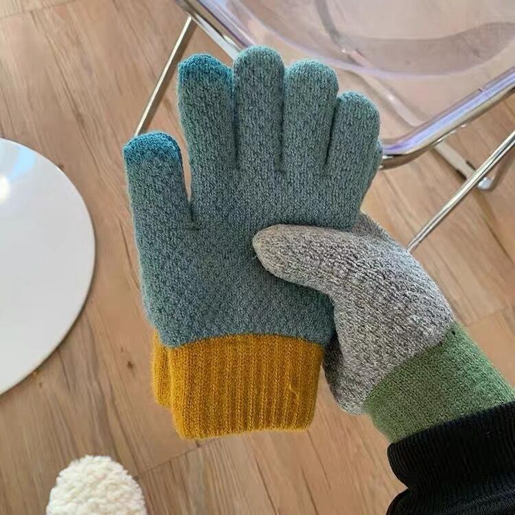 Winter Women's Cute Woolen Knitted Plus Velvet Contrasting Color Five Finger Cycling Warm and Thickened Windproof and Cold Proof Cycling Men's