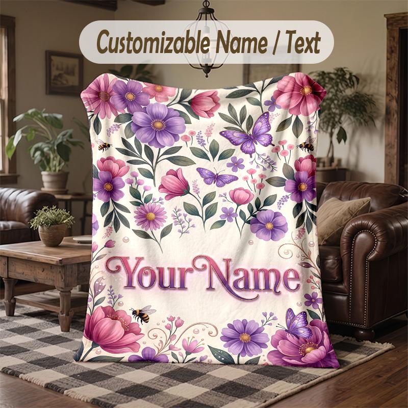 Floral Fantasy Garden 3 Theme Throw Blanket Custom Name Text Personalized Blanket Soft Cozy Blanket for Home Sofa Bed