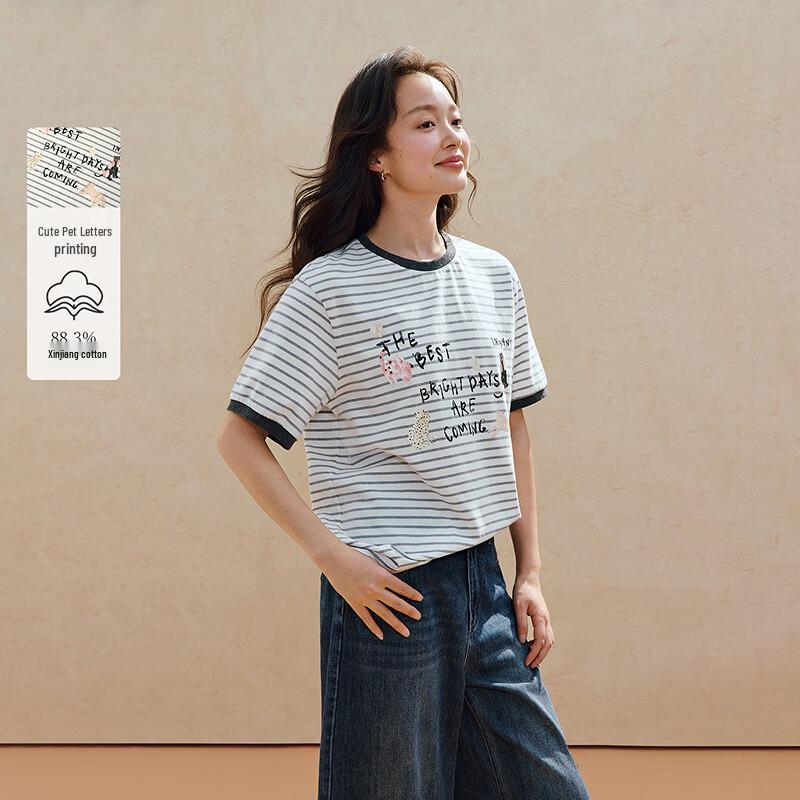 INMAN Women s Striped Pet Print Short Sleeve T-Shirt L