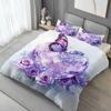 Latacaca 3pcs Purple Crystal Rose Bedding Set - 1 Duvet Cover + 2 Pillowcases, Contemporary Sparkling Purple Roses & Butterflies