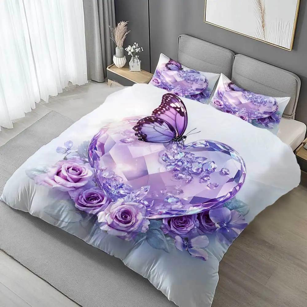 Latacaca 3pcs Purple Crystal Rose Bedding Set - 1 Duvet Cover + 2 Pillowcases, Contemporary Sparkling Purple Roses & Butterflies