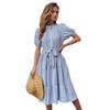 Cross-border Foreign Trade Summer New European and American Stand-up Collar Pleated Medium and Long Skirt Short Sleeve Lace-up Dress Women