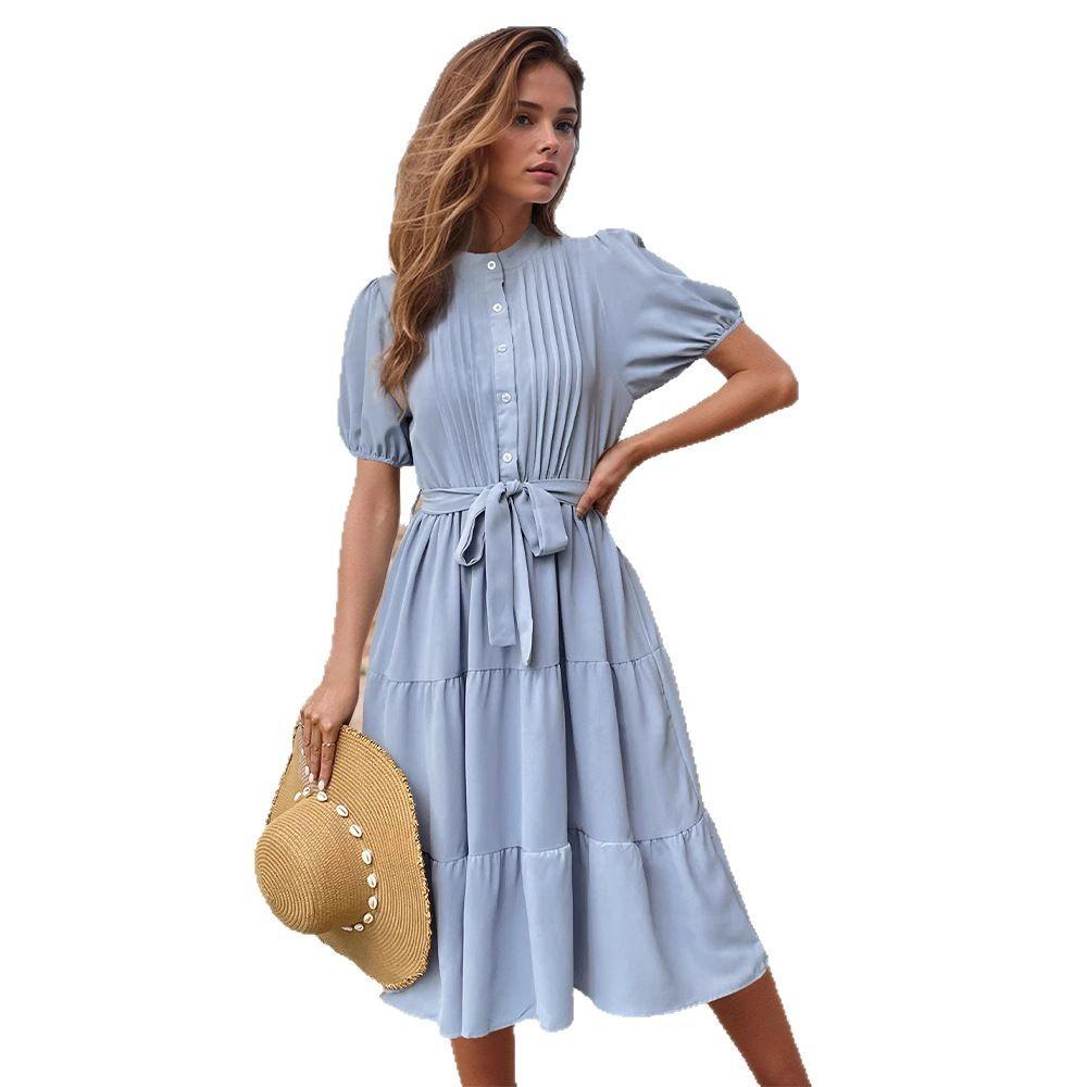 Cross-border Foreign Trade Summer New European and American Stand-up Collar Pleated Medium and Long Skirt Short Sleeve Lace-up Dress Women