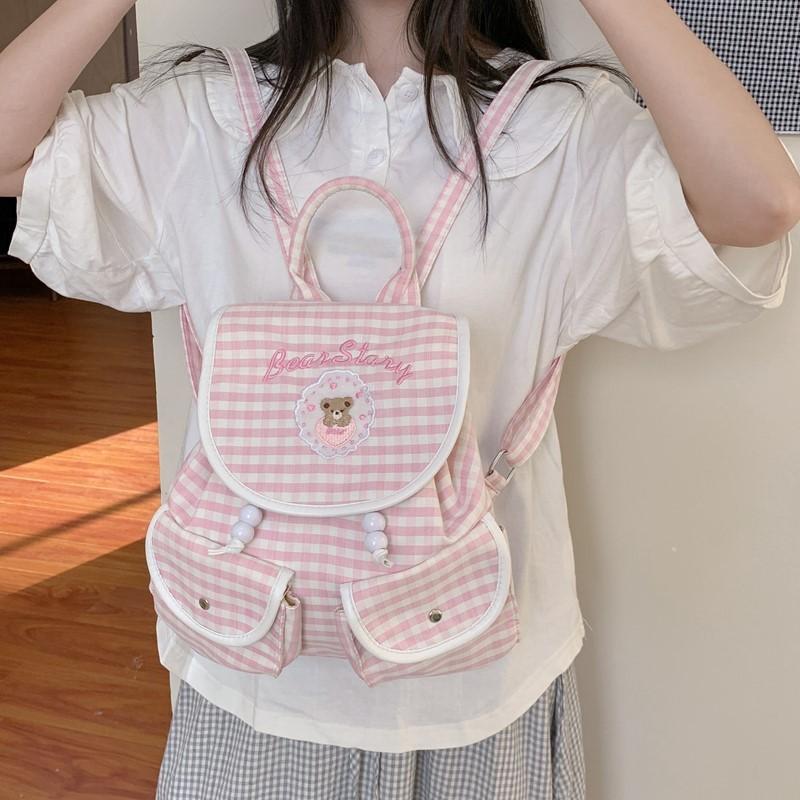 Letter Small Dog Embroidered Checkered Pattern Cartoon Backpack With Lightweight Design For Travel