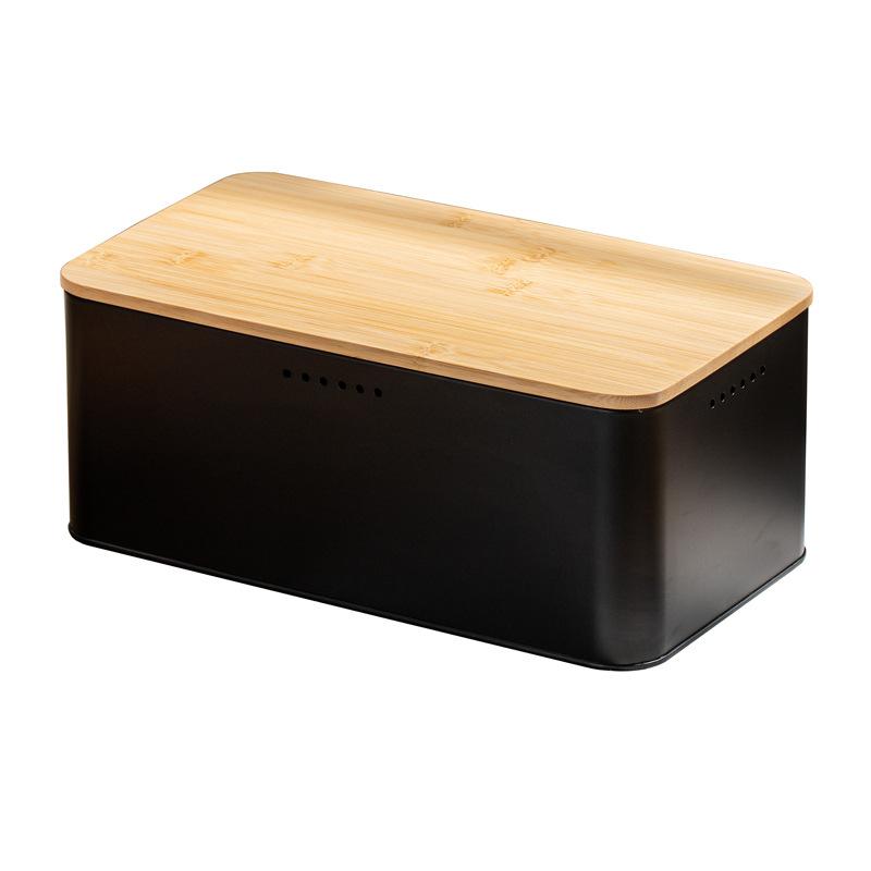 Simple square bamboo cover storage box, kitchen baking products breathable fresh-keeping storage tank, black metal bread box.