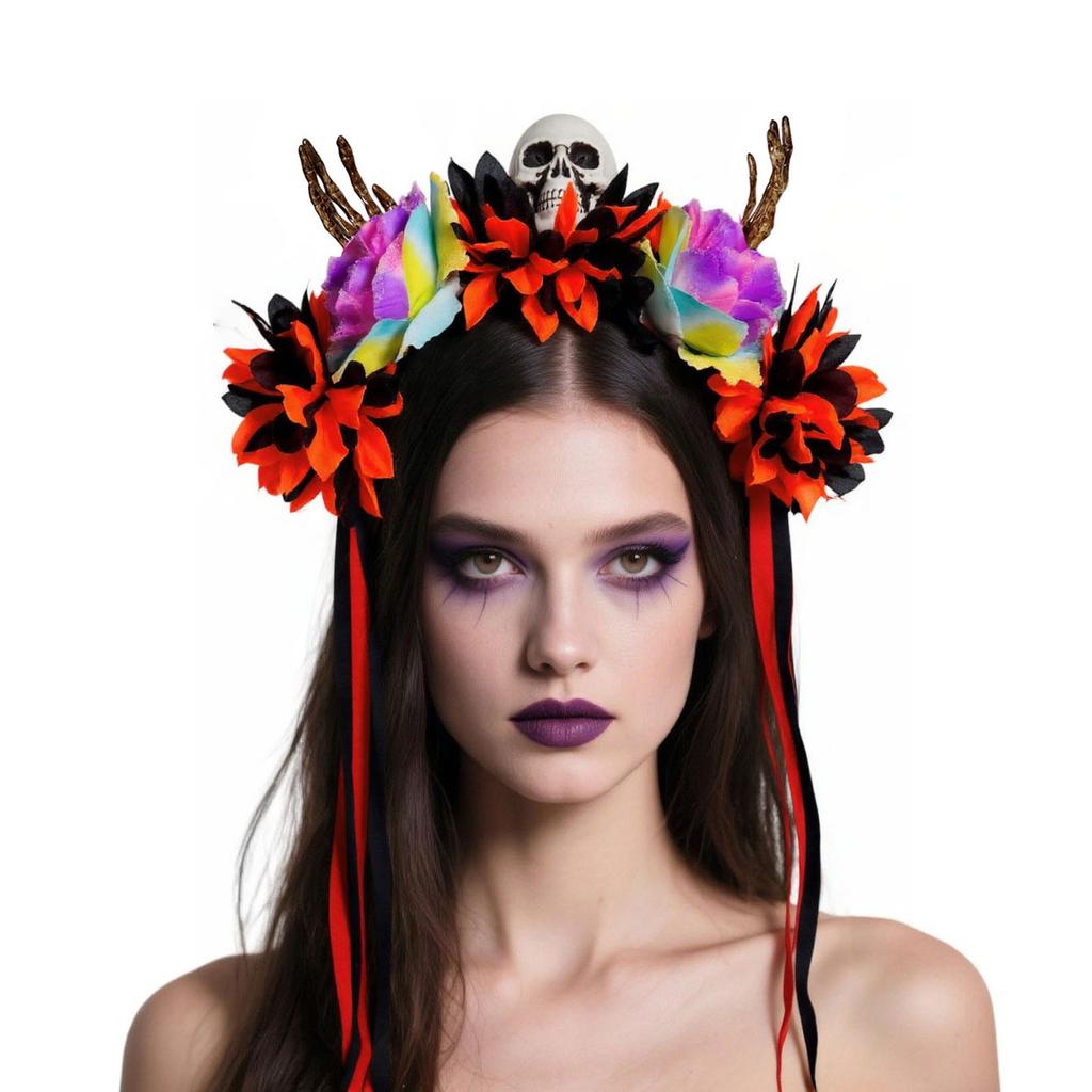 Halloween Colorful Flower Skeleton Hand Skull Headband Resin Party Hair Accessory For Adults Kids Costume Party Decoration
