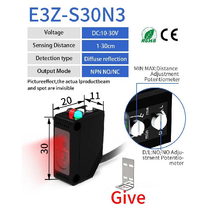GTRIC E3Z-D61 Diffuse Reflection Photoelectric Sensor NPN PNP 12-24VDC Square Infrared Optical Switch Distance 30CM With Bracket