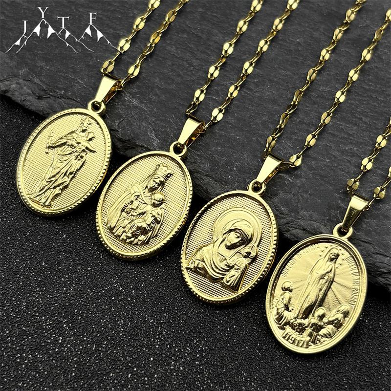 Collana Pendente Medaglia Vergine Maria con Gesù Bambino per Donne Uomini Acciaio Inossidabile Colore Oro Gioielli Cristiani Regalo