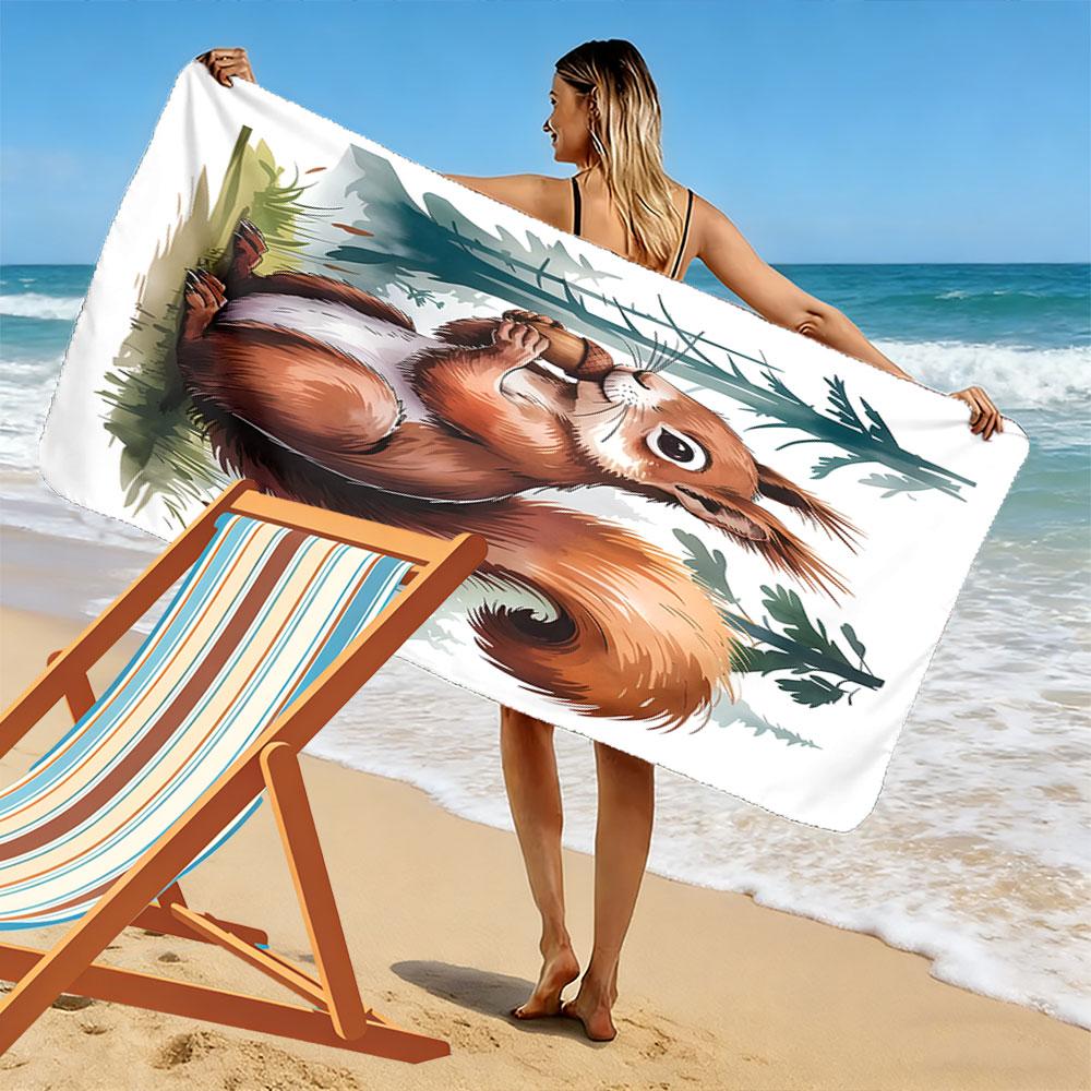 Whimsical Squirrel Woodland Scene Print Beach Towel, Quick Drying, Suitable for Travel, Outdoor Sports, Jogging, the Beach and Swimming, Gift