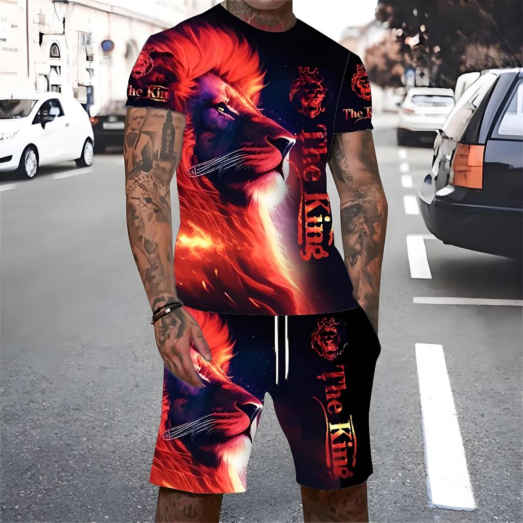 Trendy Lion Graphic Short Sleeve Top Drawstring Shorts Set Summer T-shirt Pocket Shorts 2-piece Set Oversized Men's Clothing