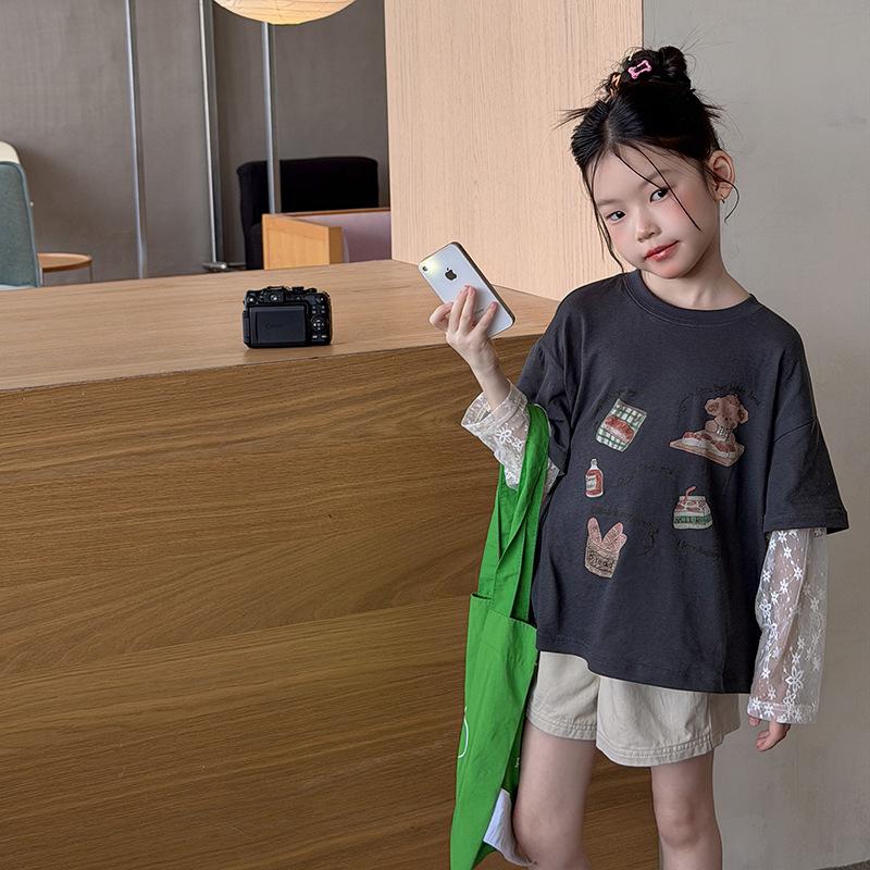 Girls Sweet Korean Style Fake Two Piece Lace Patchwork Short Sleeve T Shirt