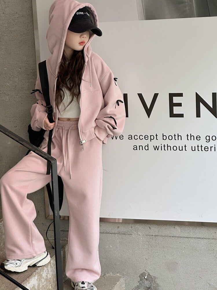 Trendiges koreanisches Schleifenset: Kapuzenjacke & Freizeithose für große Mädchen