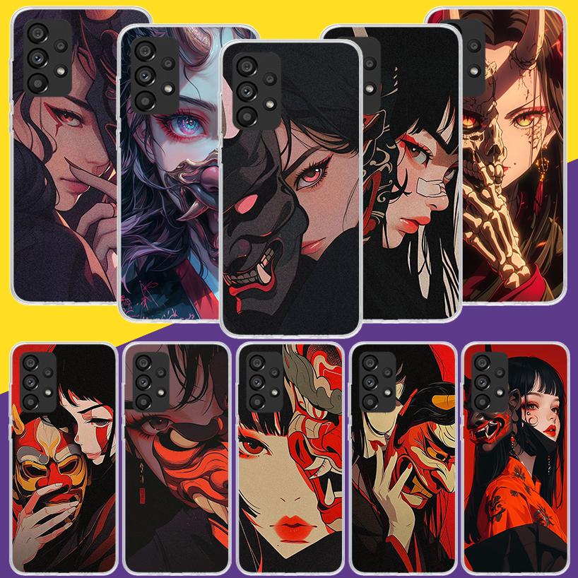 Japanese Oni Mask Girl Phone Case For Samsung Galaxy A52 A32 A22 A12 A02S A50S A30S A51 A31 AA71 Note 20 Ultra 10 S10 Plus Galax