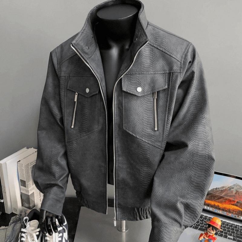 

2025 Spring/Autumn Men s Snake Scale Pattern Oversized Leather Motorcycle Jacket - Punk Style with Stand Collar 2XL [160-180 Jin]