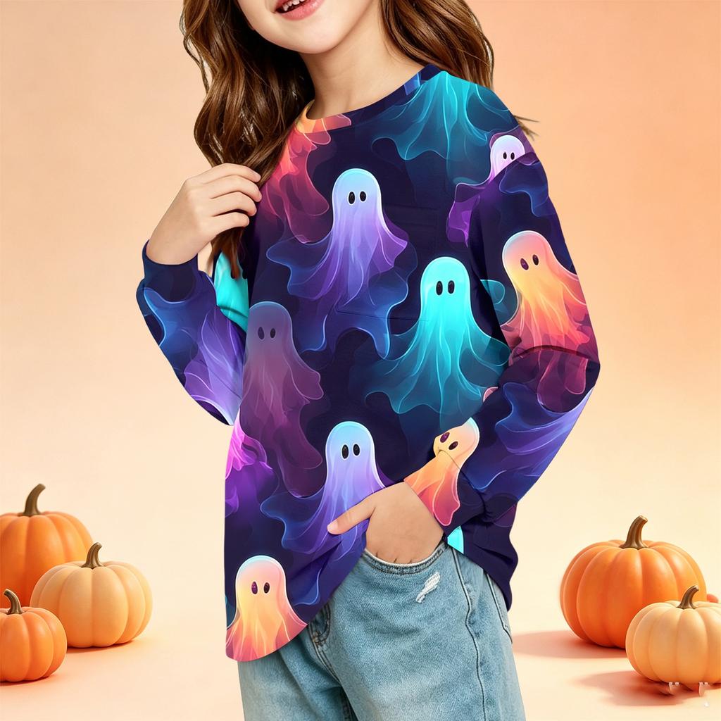 Kids Halloween Print Long Sleeve Neck T-Shirt with Pockets