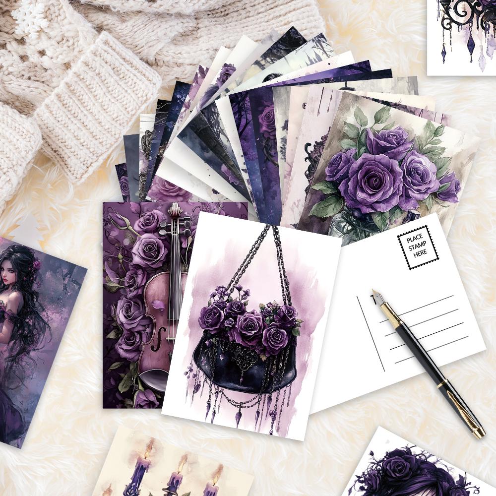 32pcs, purple Gothic-style postcards, roses, girls, birthday/anniversary gifts, collectible, giftable, and mailable