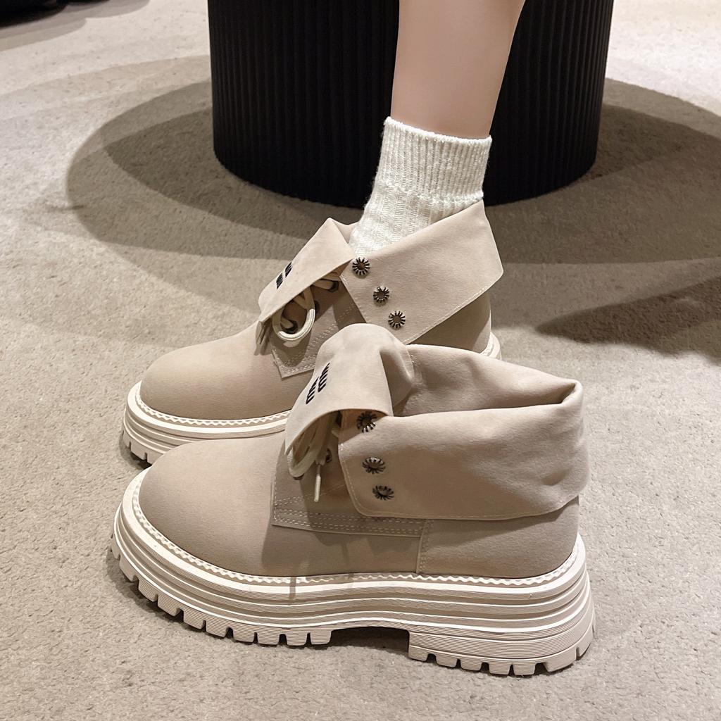 Large Size Women's Shoes 41 To 43 Yards Wide Fat Feet Martin Boots Women Flip Two Wear Motorcycle Boots Retro Casual Big Yellow Boots 42